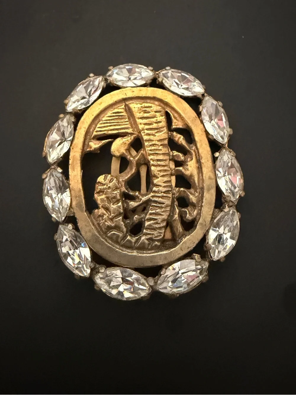 Vintage Egyptian Revival Rhinestone Dress Clip Sphinx Palm Tree Art Deco Style